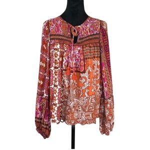 Olivaceous Mix‎ Print Patchwork Peasant Blouse Pink Orange Medium Boho Festival